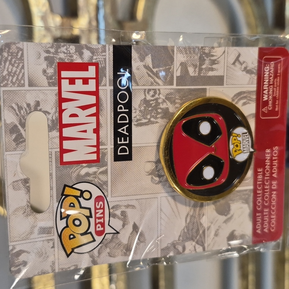 Funko × Marvel Deadpool Pop! Pin in Red and Black.